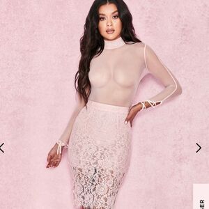 HOUSE OF CB CAROVI  POWDER PINK SHEER MESH BODYSUIT